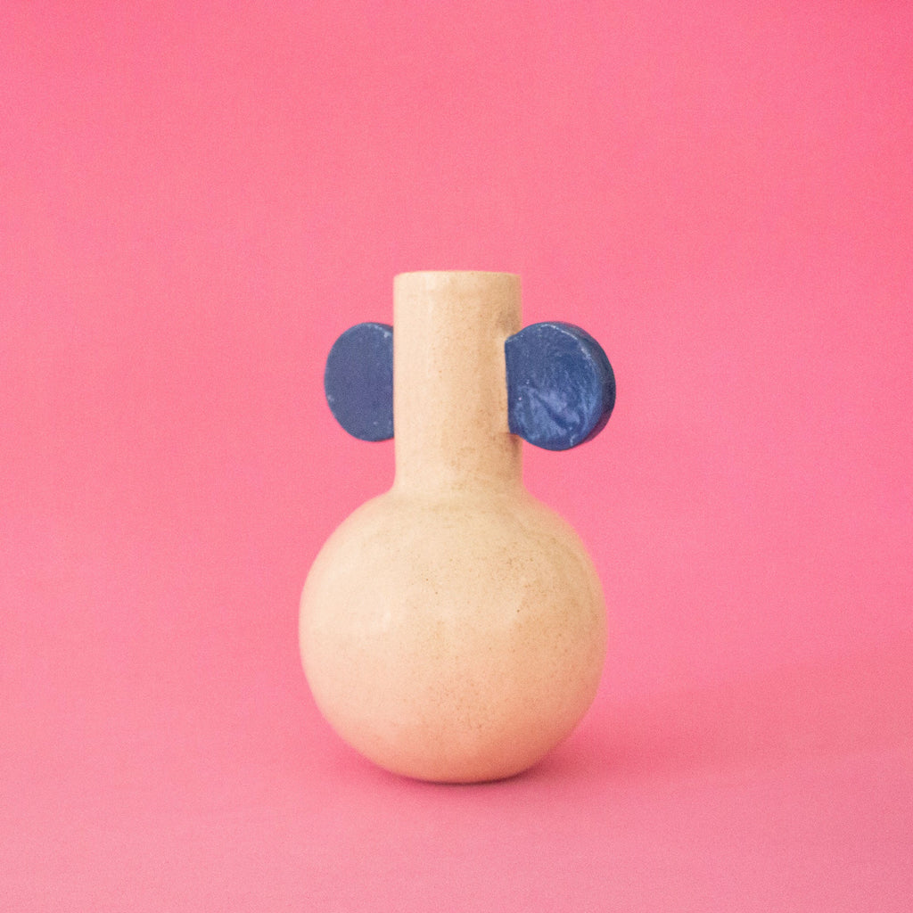 Ceramic Vase - Little Round Vase with Blue Handles
